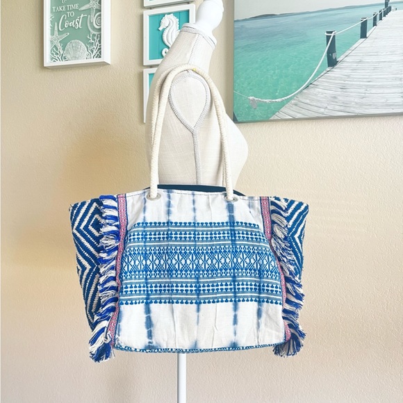 Tie-Dye Boho Beach Shoulder Bag Tote Blue Medium - Picture 1 of 15
